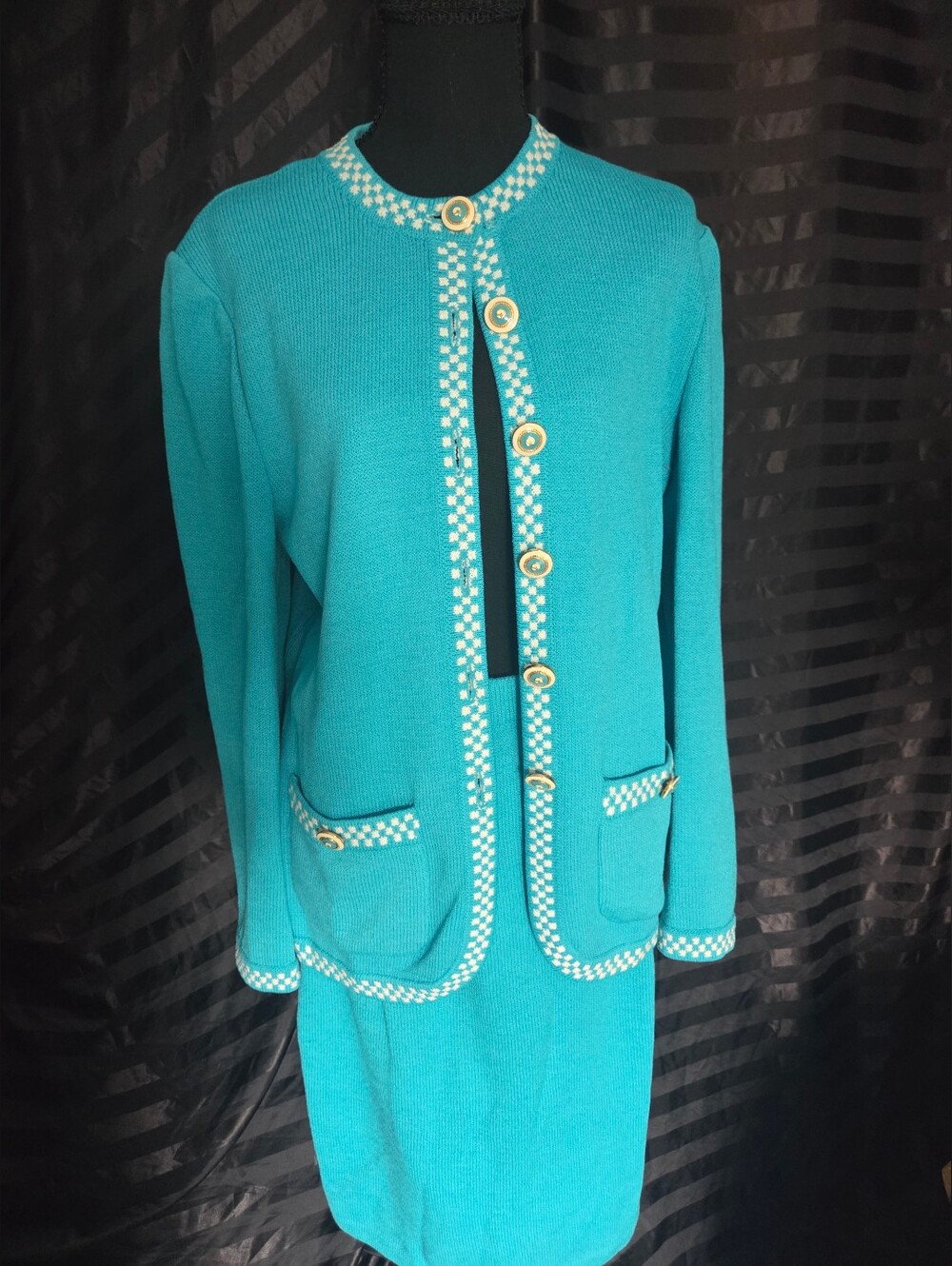 St Johns Vintave Women's Teal Knit Jacket and Skirt Set